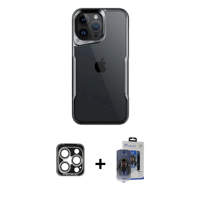 MARSİLYAN™- iPhone 15 Pro Max Kılıf Akış Çizgi Koleksiyonu - Siyah Vanessa Magic Cam + PVD Metal Kamera Lens - GS