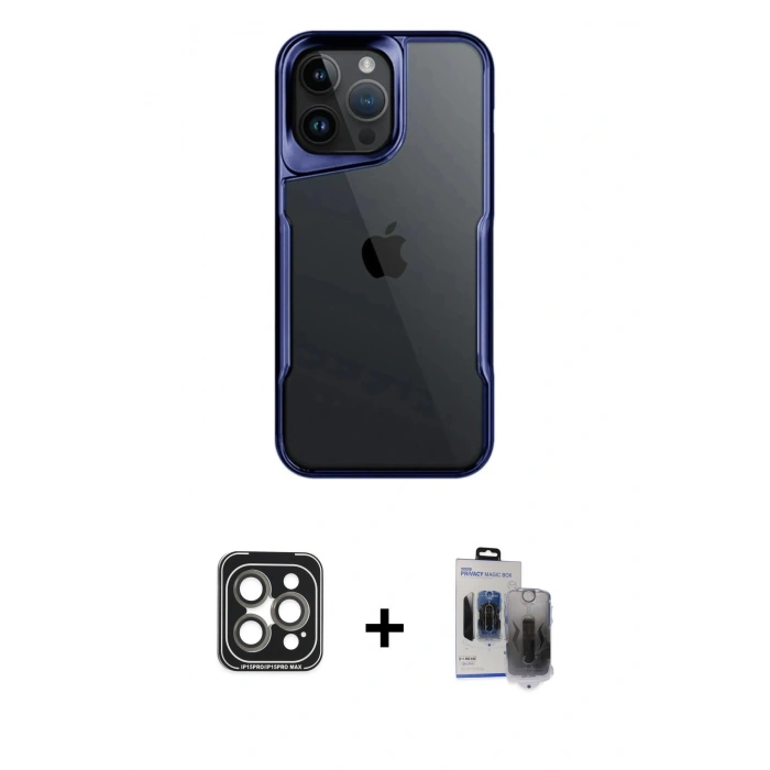 MARSİLYAN™- iPhone 15 Pro Max Kılıf Akış Çizgi Koleksiyonu - Siyah Vanessa Magic Hayalet Cam + PVD Metal Kamera Lens - GI