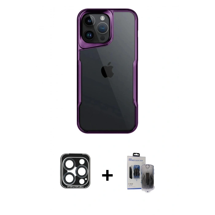 MARSİLYAN™- iPhone 15 Pro Max Kılıf Akış Çizgi Koleksiyonu - Siyah Vanessa Magic Hayalet Cam + Lacivert PVD Metal Kamera Lens