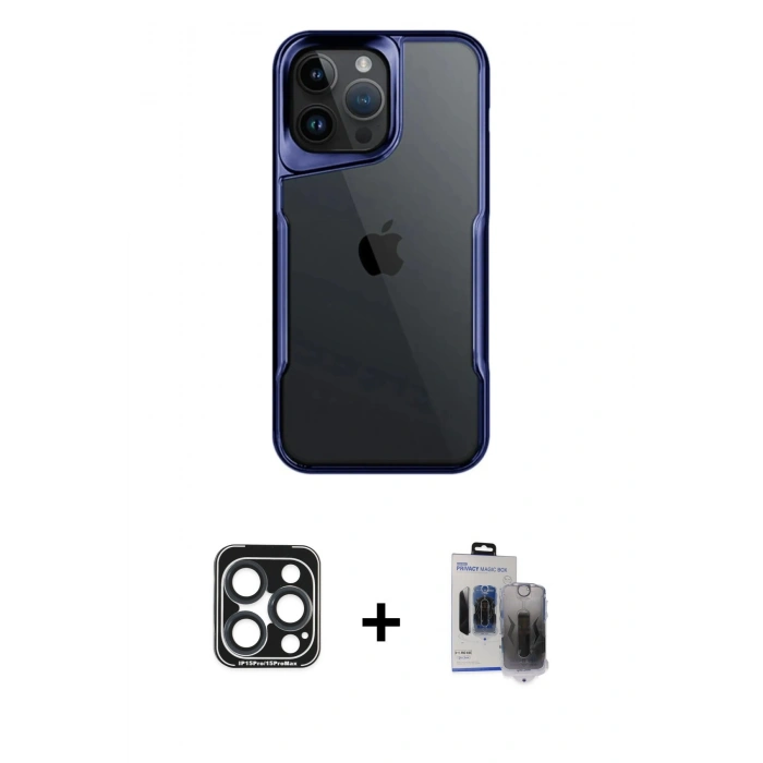 MARSİLYAN™- iPhone 15 Pro Max Kılıf Akış Çizgi Koleksiyonu - Siyah Vanessa Magic Hayalet Cam + Lacivert PVD Metal Kamera Lens