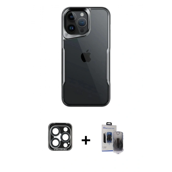 MARSİLYAN™- iPhone 15 Pro Max Kılıf Akış Çizgi Koleksiyonu - Siyah Vanessa Magic Hayalet Cam + Lacivert PVD Metal Kamera Lens
