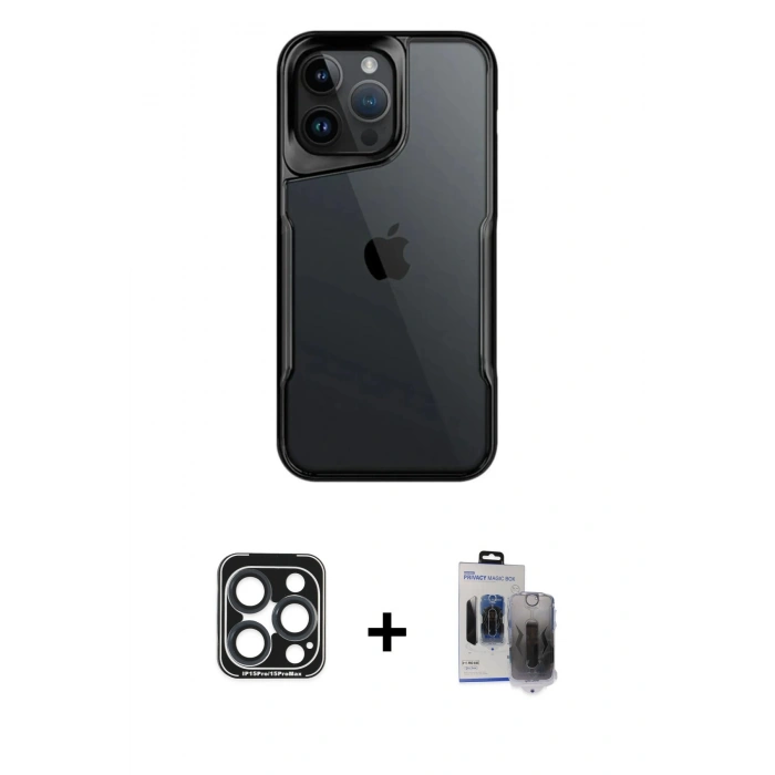 MARSİLYAN™- iPhone 15 Pro Max Kılıf Akış Çizgi Koleksiyonu - Siyah Vanessa Magic Hayalet Cam + Lacivert PVD Metal Kamera Lens