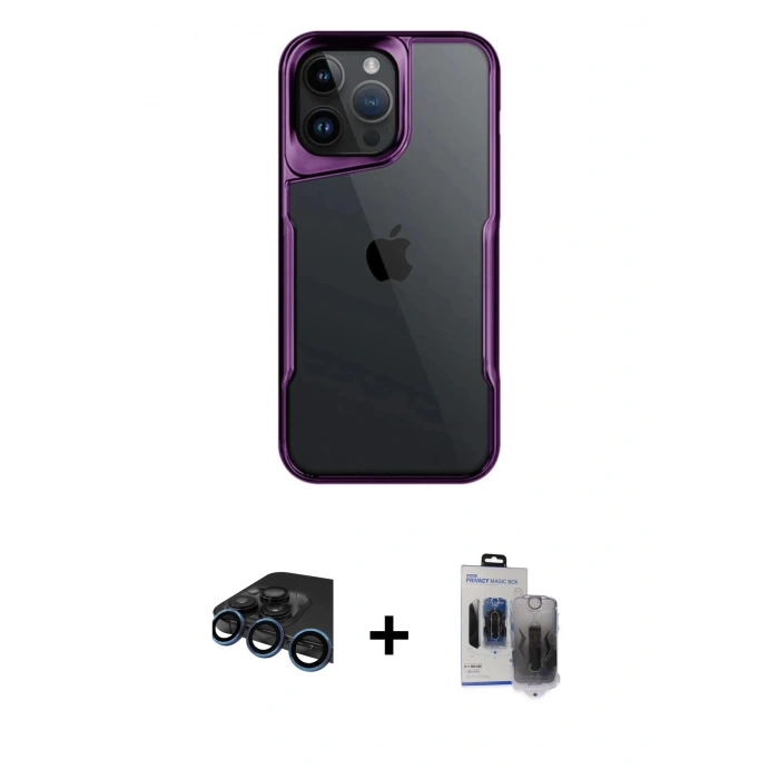 MARSİLYAN™- iPhone 15 Pro Max Kılıf Akış Çizgi Koleksiyonu - Siyah Vanessa Magic Hayalet Cam + Raze Metal Kamera Lens - LT