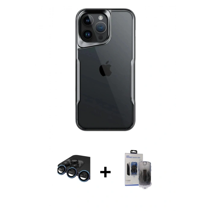 MARSİLYAN™- iPhone 15 Pro Max Kılıf Akış Çizgi Koleksiyonu - Siyah Vanessa Magic Hayalet Cam + Raze Metal Kamera Lens - LT