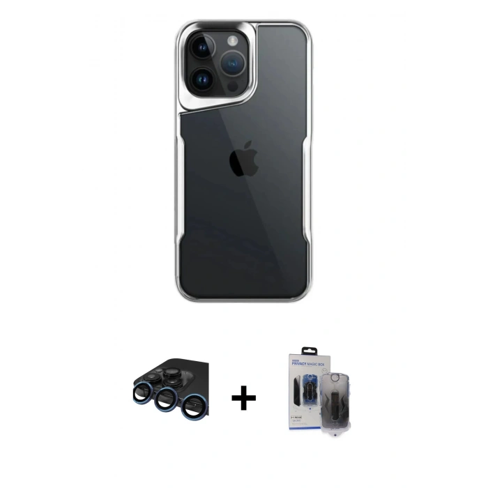MARSİLYAN™- iPhone 15 Pro Max Kılıf Akış Çizgi Koleksiyonu - Siyah Vanessa Magic Hayalet Cam + Raze Metal Kamera Lens - LT
