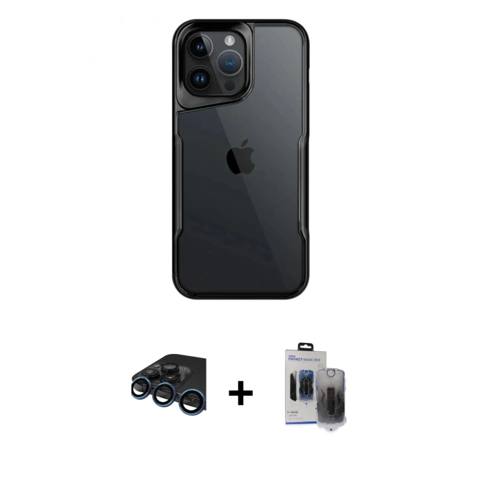 MARSİLYAN™- iPhone 15 Pro Max Kılıf Akış Çizgi Koleksiyonu - Siyah Vanessa Magic Hayalet Cam + Raze Metal Kamera Lens - LT