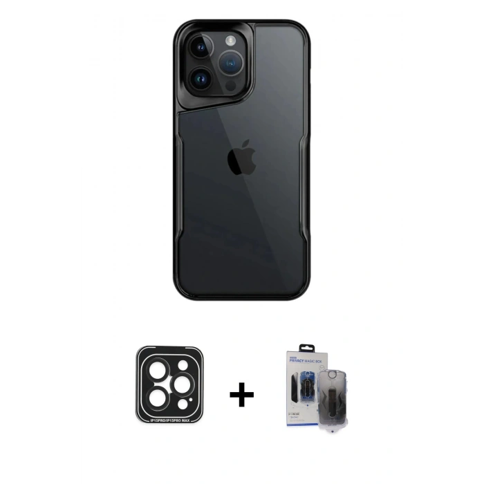 MARSİLYAN™- iPhone 15 Pro Max Kılıf Akış Çizgi Koleksiyonu - Siyah Vanessa Magic Hayalet Cam + PVD Metal Kamera Lens - SH