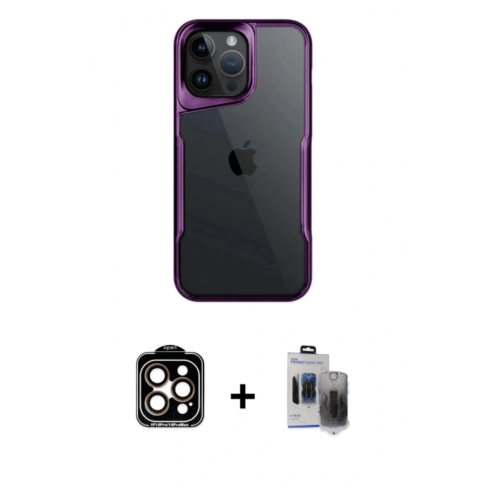 MARSİLYAN™- iPhone 15 Pro Max Kılıf Akış Çizgi Koleksiyonu - Siyah Vanessa Magic Hayalet Cam + PVD Metal Kamera Lens - TU