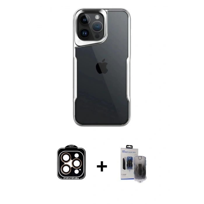 MARSİLYAN™- iPhone 15 Pro Max Kılıf Akış Çizgi Koleksiyonu - Siyah Vanessa Magic Hayalet Cam + PVD Metal Kamera Lens - TU