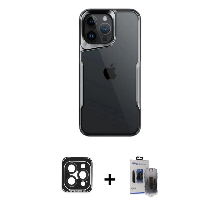 MARSİLYAN™- iPhone 15 Pro Max Kılıf Akış Çizgi Koleksiyonu - Siyah Vanessa Magic Hayalet Cam + PVD Metal Kamera Lens - SH