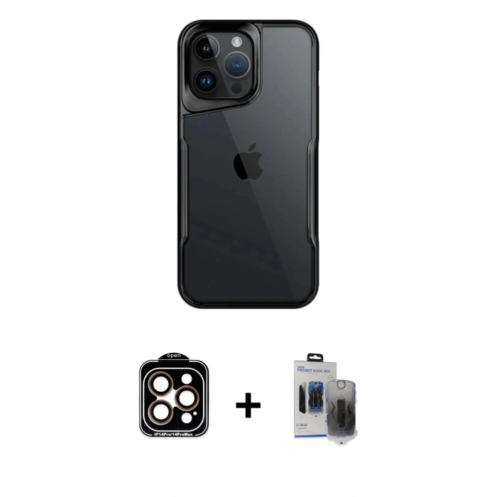 MARSİLYAN™- iPhone 15 Pro Max Kılıf Akış Çizgi Koleksiyonu - Siyah Vanessa Magic Hayalet Cam + PVD Metal Kamera Lens - TU
