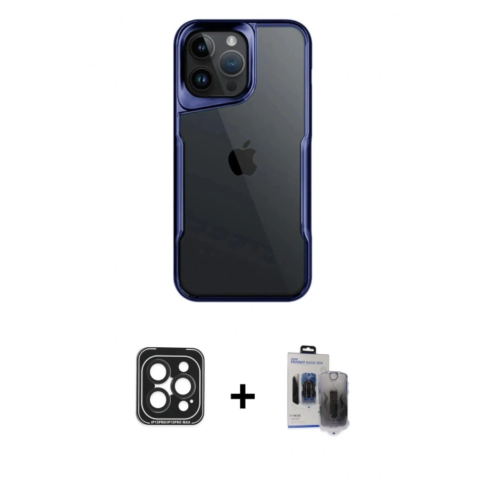 MARSİLYAN™- iPhone 15 Pro Max Kılıf Akış Çizgi Koleksiyonu - Siyah Vanessa Magic Hayalet Cam + PVD Metal Kamera Lens - SH
