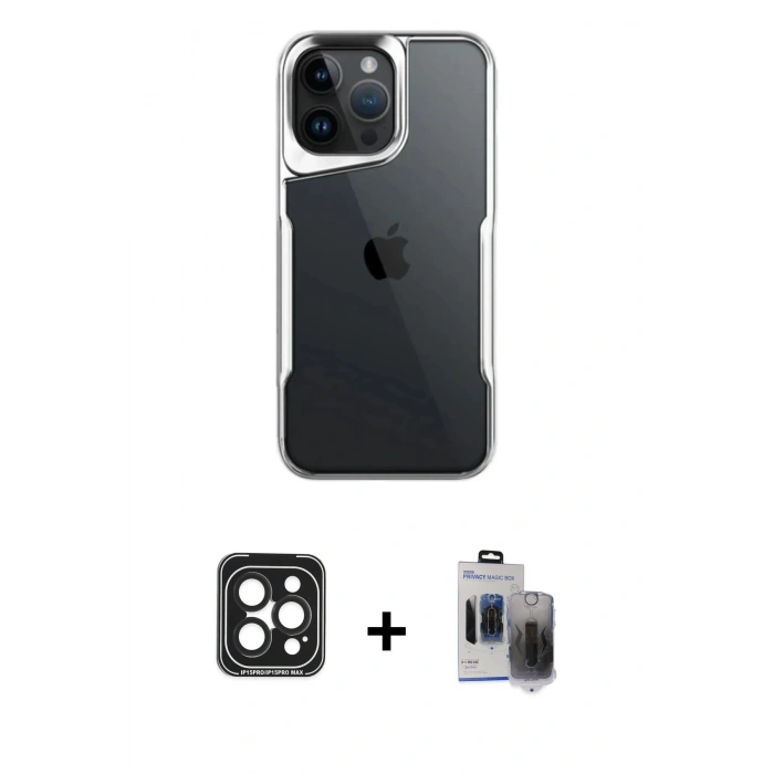 MARSİLYAN™- iPhone 15 Pro Max Kılıf Akış Çizgi Koleksiyonu - Siyah Vanessa Magic Hayalet Cam + PVD Metal Kamera Lens - SH