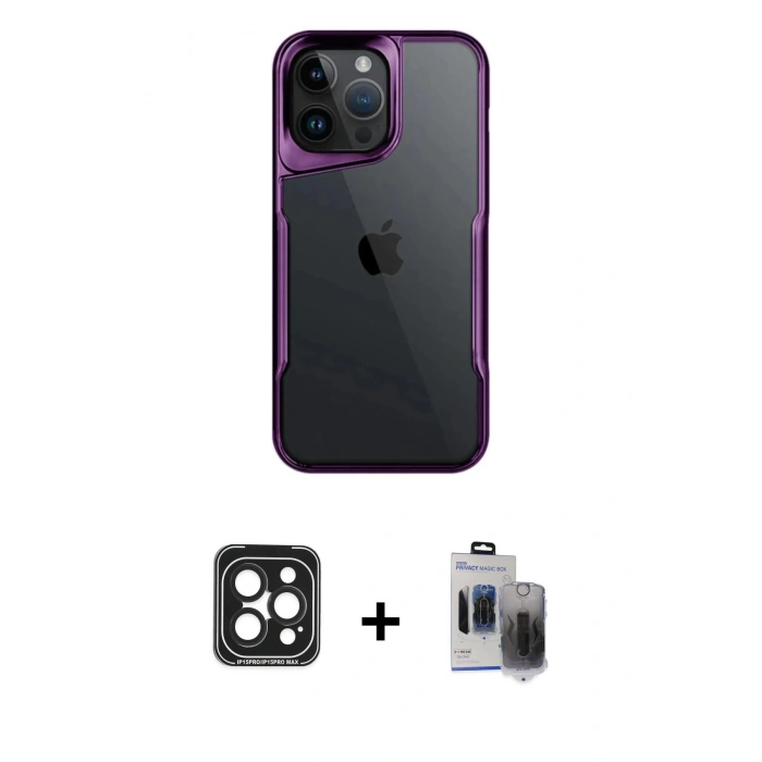 MARSİLYAN™- iPhone 15 Pro Max Kılıf Akış Çizgi Koleksiyonu - Siyah Vanessa Magic Hayalet Cam + PVD Metal Kamera Lens - SH