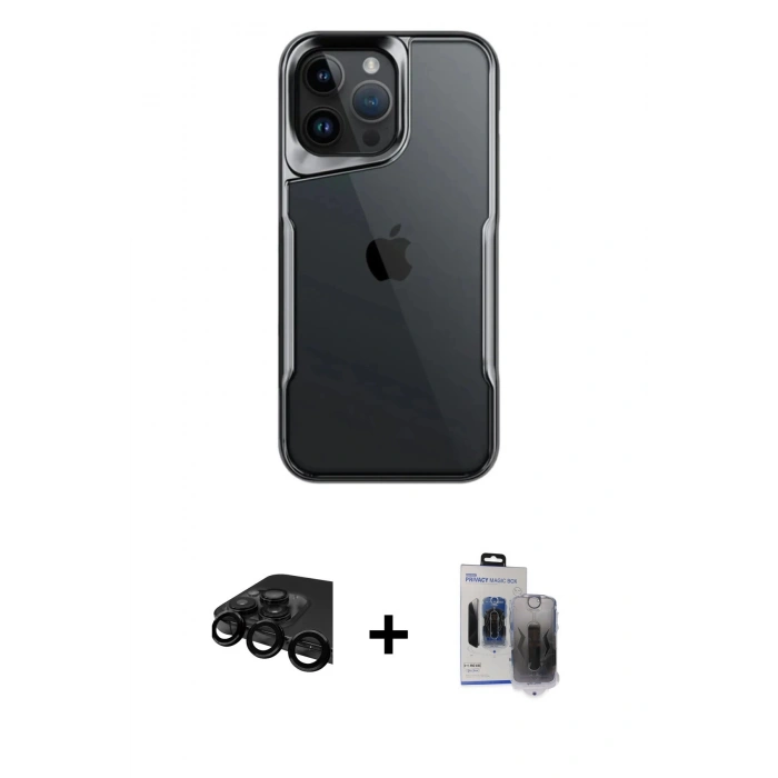 MARSİLYAN™- iPhone 15 Pro Max Kılıf Akış Çizgi Koleksiyonu - Siyah Vanessa Magic Hayalet Cam + Raze Metal Kamera Lens - SH
