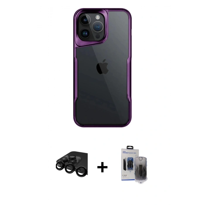 MARSİLYAN™- iPhone 15 Pro Max Kılıf Akış Çizgi Koleksiyonu - Siyah Vanessa Magic Hayalet Cam + Raze Metal Kamera Lens - SH