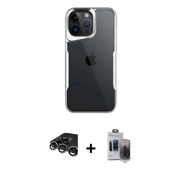 MARSİLYAN™- iPhone 15 Pro Max Kılıf Akış Çizgi Koleksiyonu - Siyah Vanessa Magic Hayalet Cam + Raze Metal Kamera Lens - GS