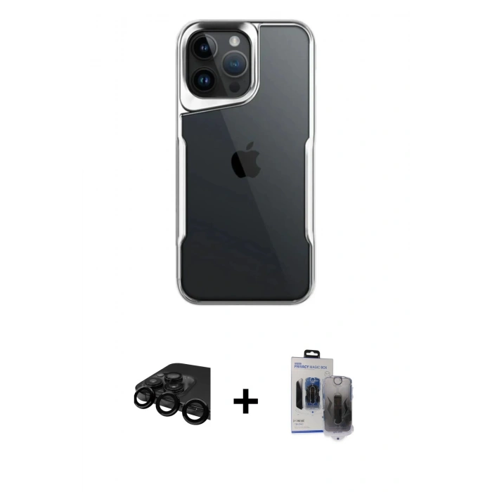 MARSİLYAN™- iPhone 15 Pro Max Kılıf Akış Çizgi Koleksiyonu - Siyah Vanessa Magic Hayalet Cam + Raze Metal Kamera Lens - SH