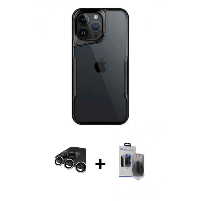 MARSİLYAN™- iPhone 15 Pro Max Kılıf Akış Çizgi Koleksiyonu - Siyah Vanessa Magic Hayalet Cam + Raze Metal Kamera Lens - GS