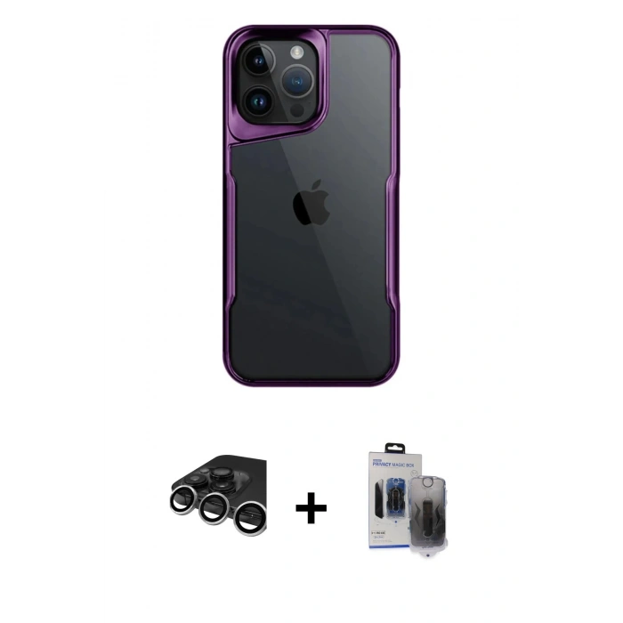 MARSİLYAN™- iPhone 15 Pro Max Kılıf Akış Çizgi Koleksiyonu - Siyah Vanessa Magic Hayalet Cam + Raze Metal Kamera Lens - GS