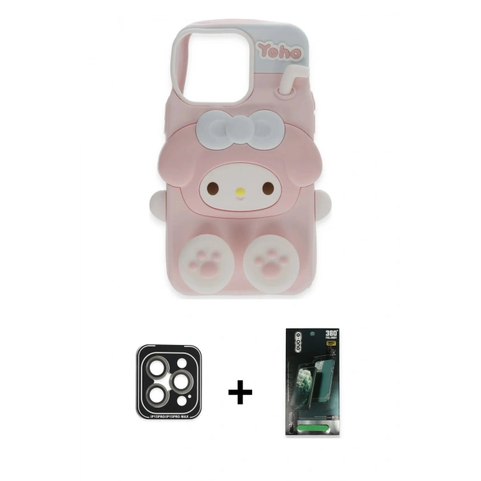 MARSİLYAN™- iPhone 15 Pro Max Kılıf Akış Yansıma - Şeffaf 360 Full Body Arka Koruyucu + PVD Metal Kamera Lens - GI