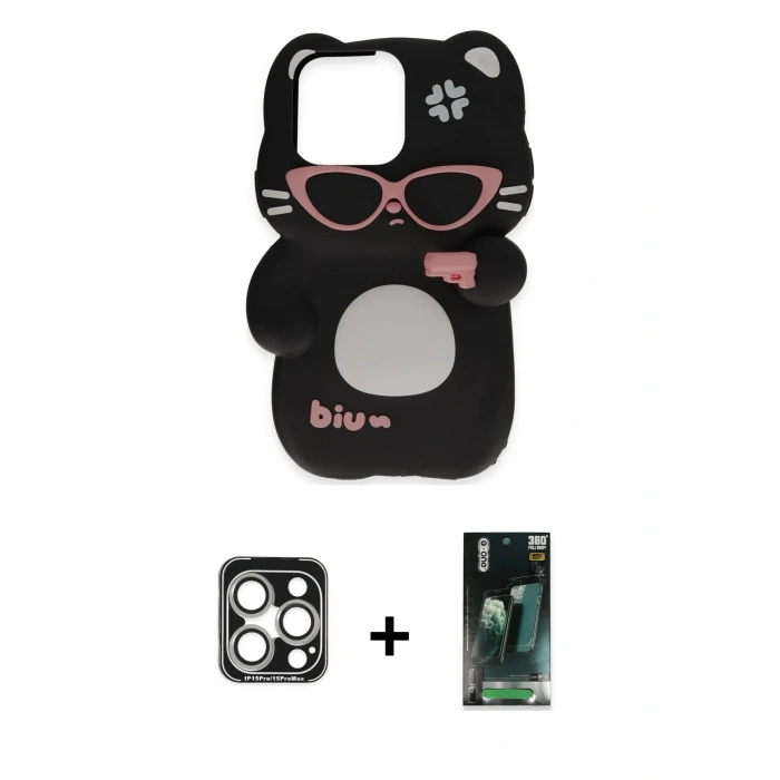 MARSİLYAN™- iPhone 15 Pro Max Kılıf Akış Yansıma - Siyah 360 Mat Full Body Arka Koruyucu + PVD Metal Kamera Lens - GS