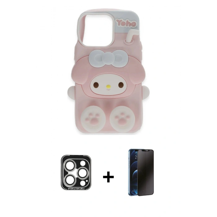MARSİLYAN™- iPhone 15 Pro Max Kılıf Akış Yansıma - Siyah 3D Antistatik Hayalet Cam Ekran Koruyucu + PVD Metal Kamera Lens - GS