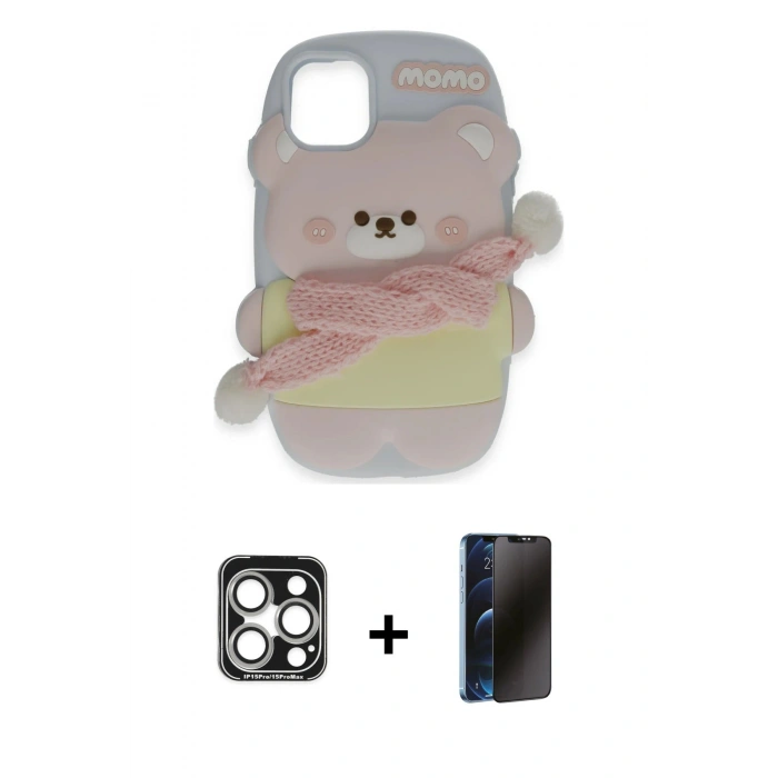 MARSİLYAN™- iPhone 15 Pro Max Kılıf Akış Yansıma - Siyah 3D Antistatik Hayalet Cam Ekran Koruyucu + PVD Metal Kamera Lens - GS