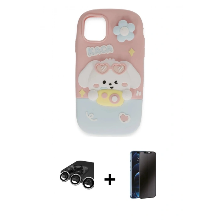 MARSİLYAN™- iPhone 15 Pro Max Kılıf Akış Yansıma - Siyah 3D Antistatik Hayalet Cam Ekran Koruyucu + Raze Metal Kamera Lens - GS