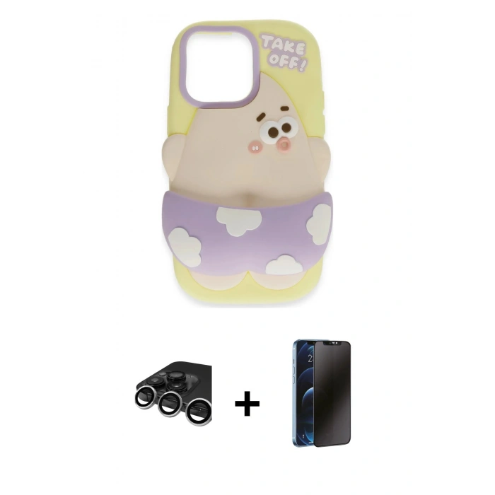 MARSİLYAN™- iPhone 15 Pro Max Kılıf Akış Yansıma - Siyah 3D Antistatik Hayalet Cam Ekran Koruyucu + Raze Metal Kamera Lens - GS
