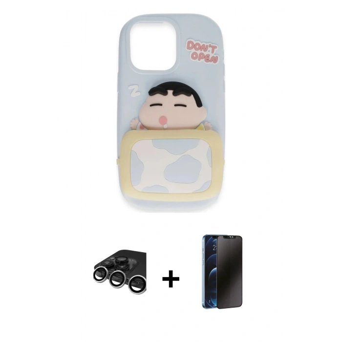 MARSİLYAN™- iPhone 15 Pro Max Kılıf Akış Yansıma - Siyah 3D Antistatik Hayalet Cam Ekran Koruyucu + Raze Metal Kamera Lens - GS