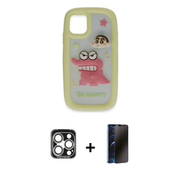 MARSİLYAN™- iPhone 15 Pro Max Kılıf Akış Yansıma - Siyah 3D Antistatik Hayalet Cam Ekran Koruyucu + PVD Metal Kamera Lens - GS