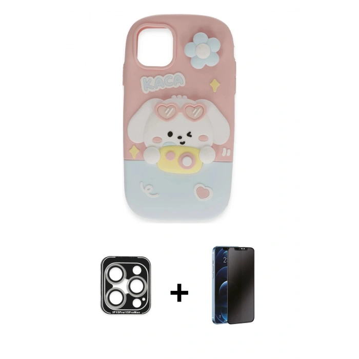 MARSİLYAN™- iPhone 15 Pro Max Kılıf Akış Yansıma - Siyah 3D Antistatik Hayalet Cam Ekran Koruyucu + PVD Metal Kamera Lens - GS