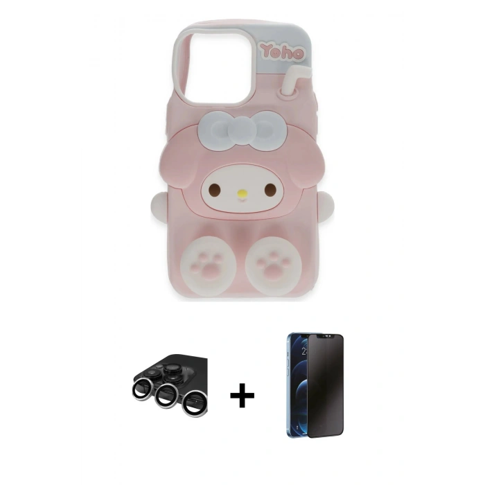 MARSİLYAN™- iPhone 15 Pro Max Kılıf Akış Yansıma - Siyah 3D Antistatik Hayalet Cam Ekran Koruyucu + Raze Metal Kamera Lens - GS