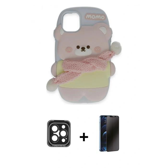 MARSİLYAN™- iPhone 15 Pro Max Kılıf Akış Yansıma - Siyah 3D Antistatik Hayalet Cam Ekran Koruyucu + PVD Metal Kamera Lens - SH