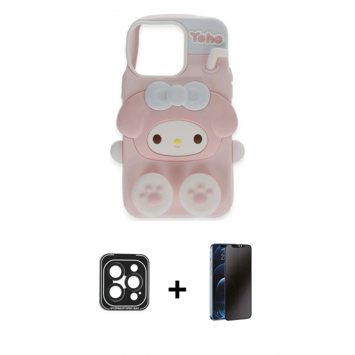 MARSİLYAN™- iPhone 15 Pro Max Kılıf Akış Yansıma - Siyah 3D Antistatik Hayalet Cam Ekran Koruyucu + PVD Metal Kamera Lens - SH