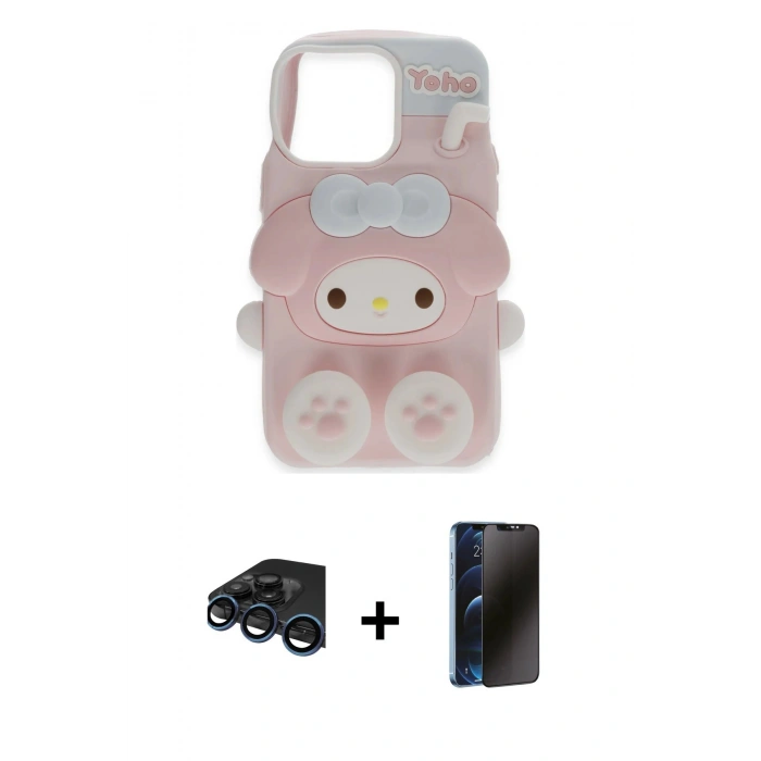 MARSİLYAN™- iPhone 15 Pro Max Kılıf Akış Yansıma - Siyah 3D Antistatik Hayalet Cam Ekran Koruyucu + Raze Metal Kamera Lens - LT