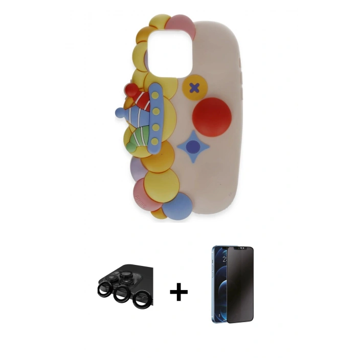 MARSİLYAN™- iPhone 15 Pro Max Kılıf Akış Yansıma - Siyah 3D Antistatik Hayalet Cam Ekran Koruyucu + Raze Metal Kamera Lens - SH