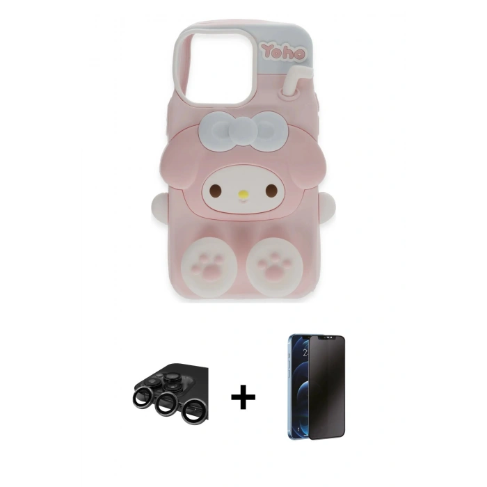 MARSİLYAN™- iPhone 15 Pro Max Kılıf Akış Yansıma - Siyah 3D Antistatik Hayalet Cam Ekran Koruyucu + Raze Metal Kamera Lens - TMGI