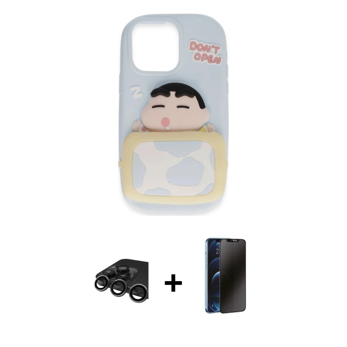 MARSİLYAN™- iPhone 15 Pro Max Kılıf Akış Yansıma - Siyah 3D Antistatik Hayalet Cam Ekran Koruyucu + Raze Metal Kamera Lens - TMGI