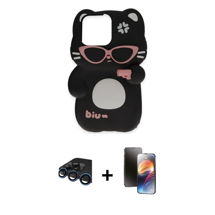 MARSİLYAN™- iPhone 15 Pro Max Kılıf Akış Yansıma - Siyah 3D Antistatik Mat Seramik Nano Ekran Koruyucu + Raze Metal Kamera Lens - LT