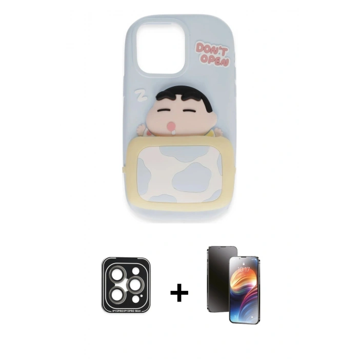 MARSİLYAN™- iPhone 15 Pro Max Kılıf Akış Yansıma - Siyah 3D Antistatik Mat Seramik Nano Ekran Koruyucu + PVD Metal Kamera Lens - GI