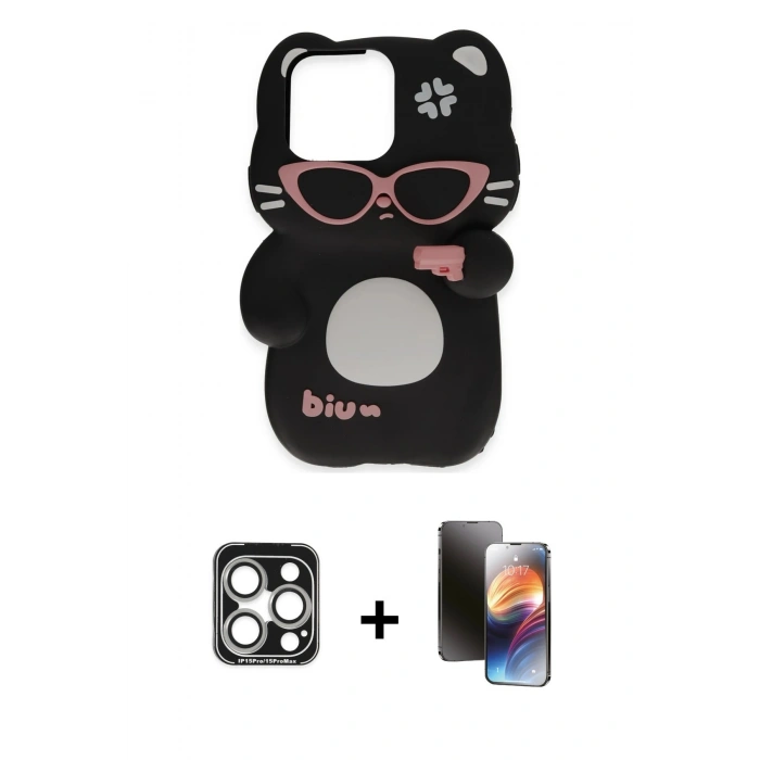 MARSİLYAN™- iPhone 15 Pro Max Kılıf Akış Yansıma - Siyah 3D Antistatik Mat Seramik Nano Ekran Koruyucu + PVD Metal Kamera Lens - GS