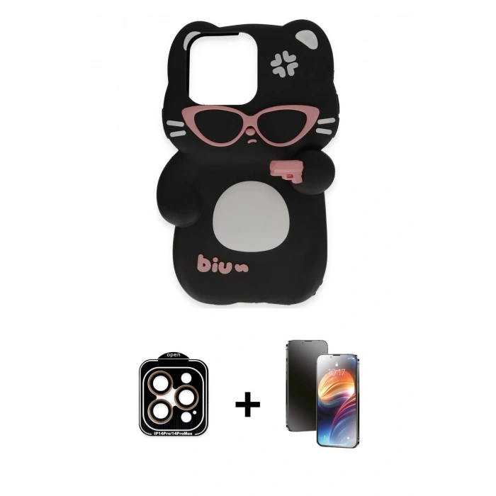 MARSİLYAN™- iPhone 15 Pro Max Kılıf Akış Yansıma - Siyah 3D Antistatik Mat Seramik Nano Ekran Koruyucu + PVD Metal Kamera Lens - TU