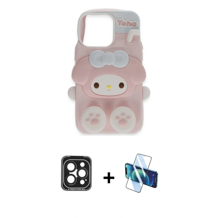 MARSİLYAN™- iPhone 15 Pro Max Kılıf Akış Yansıma - Siyah 3D Antistatik Seramik Nano Ekran Koruyucu + PVD Metal Kamera Lens - SH