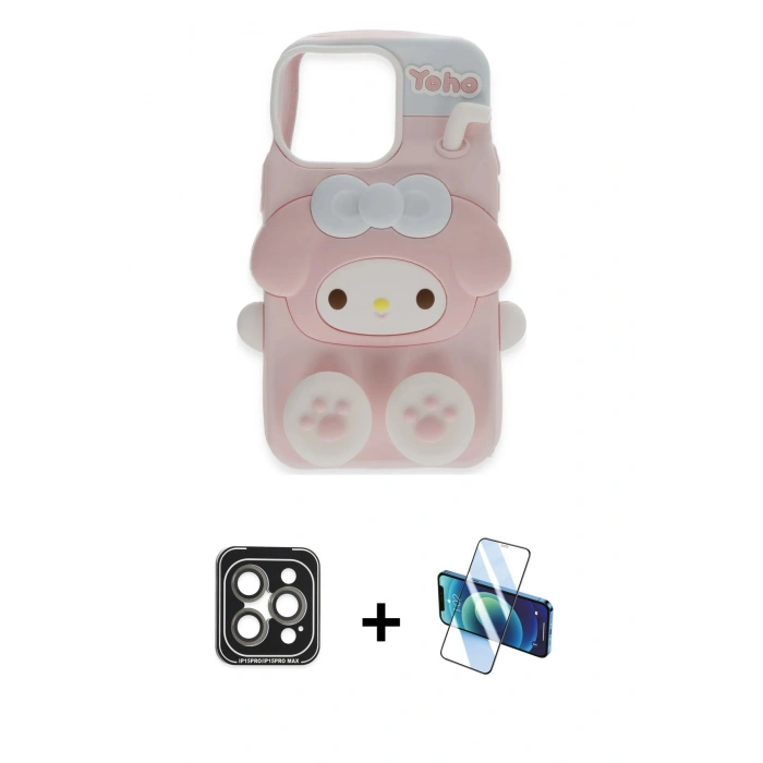 MARSİLYAN™- iPhone 15 Pro Max Kılıf Akış Yansıma - Siyah 3D Antistatik Seramik Nano Ekran Koruyucu + PVD Metal Kamera Lens - GI