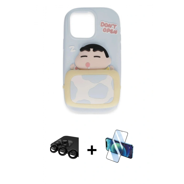 MARSİLYAN™- iPhone 15 Pro Max Kılıf Akış Yansıma - Siyah 3D Antistatik Seramik Nano Ekran Koruyucu + Raze Metal Kamera Lens - SH