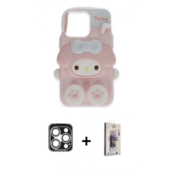 MARSİLYAN™- iPhone 15 Pro Max Kılıf Akış Yansıma - Siyah Bilvis 3D Cam Ekran Koruyucu + PVD Metal Kamera Lens - GS