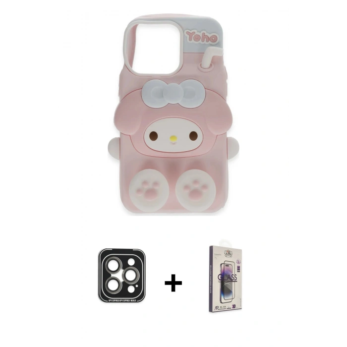 MARSİLYAN™- iPhone 15 Pro Max Kılıf Akış Yansıma - Siyah Bilvis 3D Cam Ekran Koruyucu + PVD Metal Kamera Lens - GI
