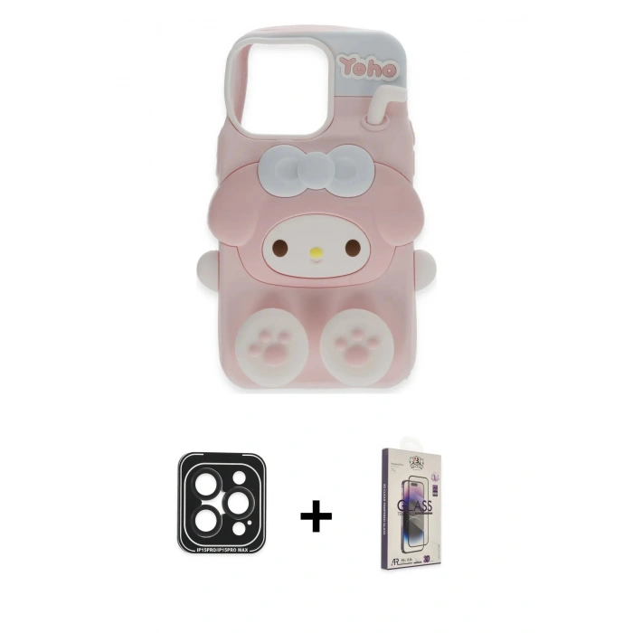 MARSİLYAN™- iPhone 15 Pro Max Kılıf Akış Yansıma - Siyah Bilvis 3D Cam Ekran Koruyucu + PVD Metal Kamera Lens - SH